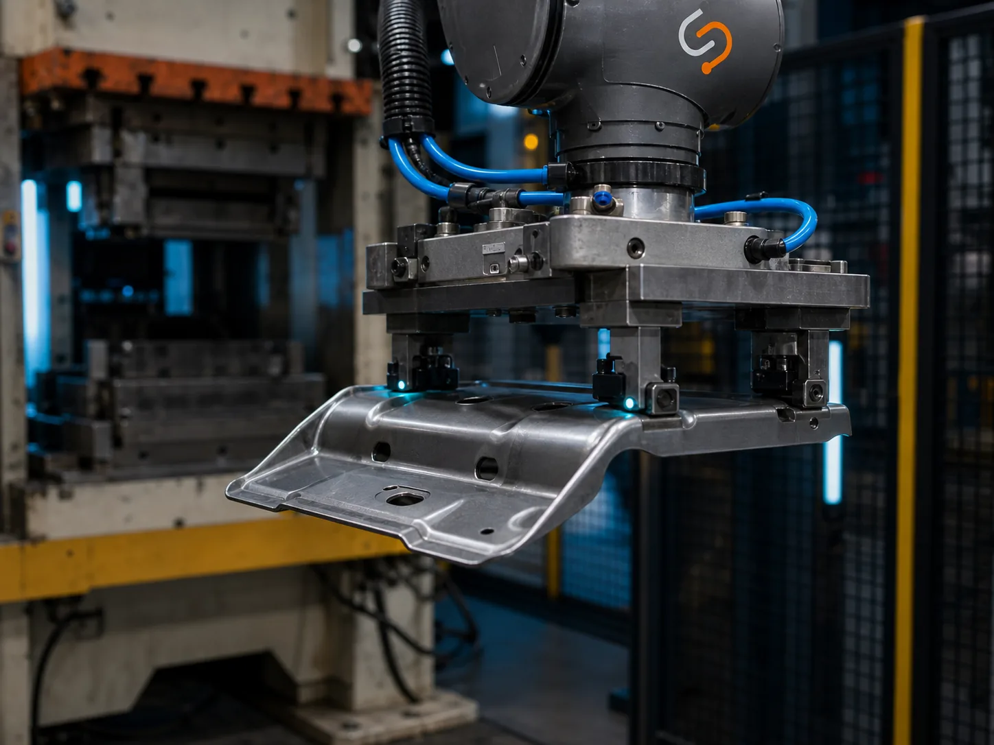 Gripper holding a stamped part clear of the press